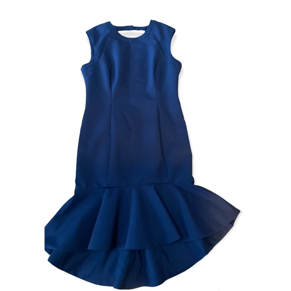 Badgley Mischka Sleeveless Ruffle Sheath Dress Blue Round Neck Midi Size 12